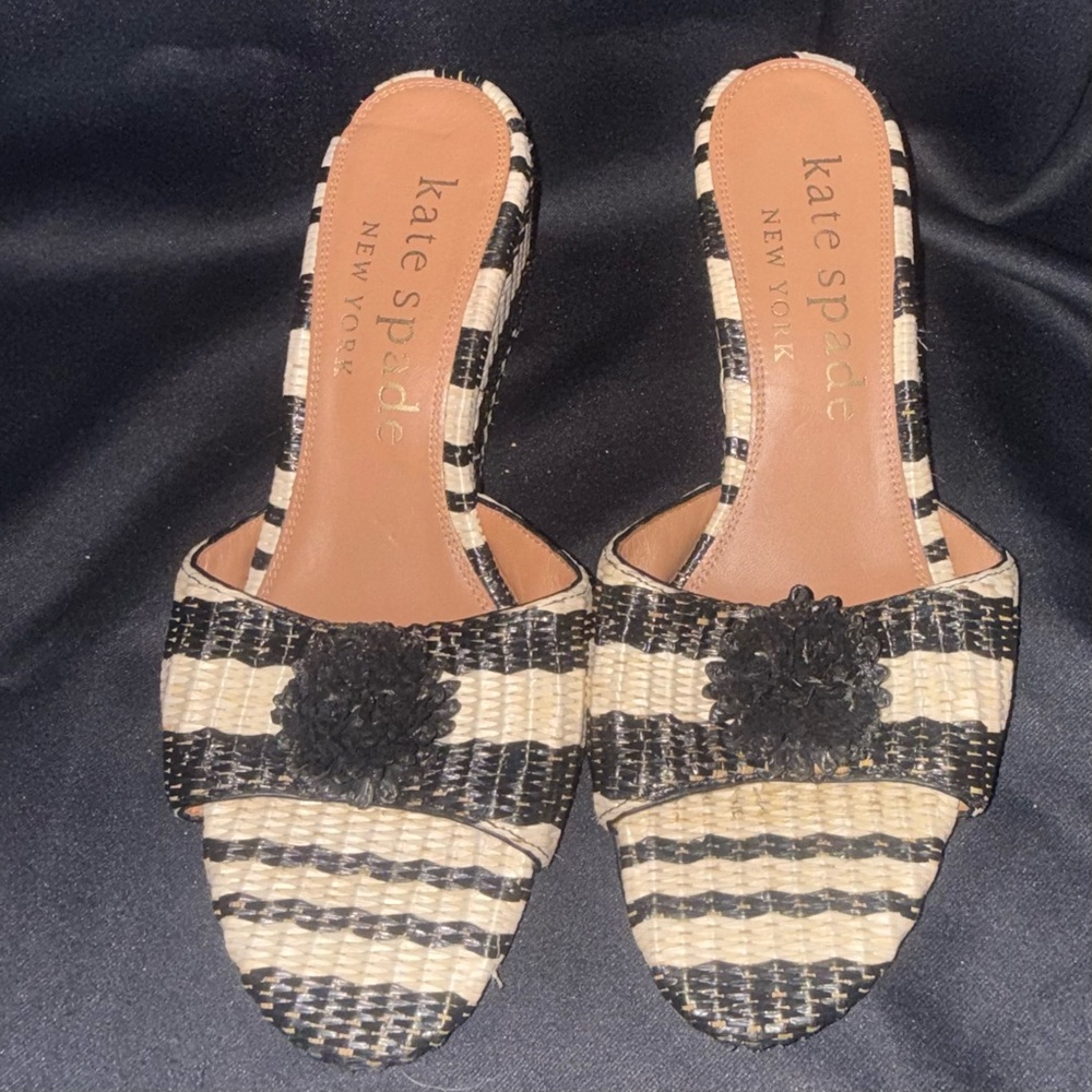 kate spade Black & Natural Striped Woven Slide Mules with Rosette